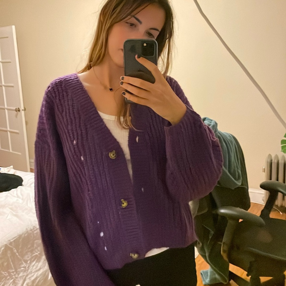 Chunky oversized purple knit cardigan